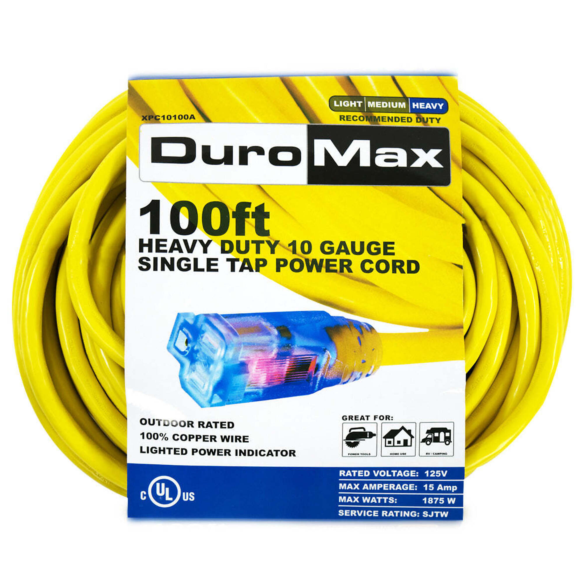 DuroMax, 100ft. 10 Gauge Single Tap Extension Cord, Amps 15 Cord Length 100 ft, Max. Volts 120 Model# XPC10100A